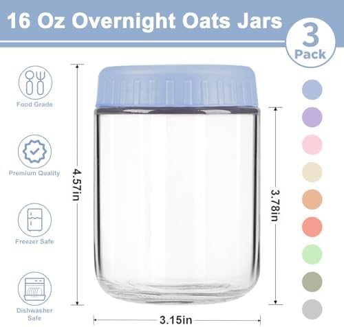Overnight Oats Containers with Lids, 16oz Wide Mouth Mason Jars with Lids, 3 Pack Glass Jars with Airtight lid for Chia Pudding Yogurt Salad, Meal Prer Oatmeal Jars
