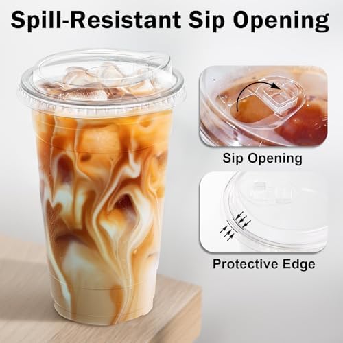 BYSNOW 100 Pack 24 oz Clear Plastic Cups with Sip Lids, Iced Coffee Cups