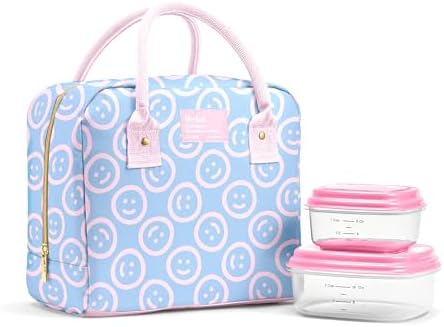 Fit & Fresh Bloomington Lunch Bag for Women - Insulated Large Lunch Box for Work with Containers, Leak-Resistant, Stain-Resistant, Zipper Closure, All Smiles Bubble Gum