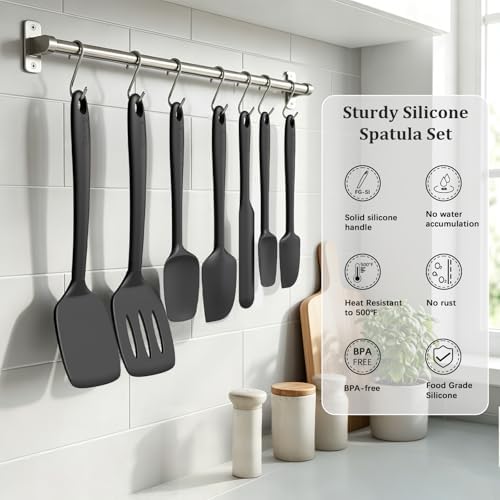 Coukre Silicone Spatula Set of 7, BPA Free Food Grade Silicone Cooking Utensils, Heat Resistant Kitchen Tools for Nonstick Cookware, Dishwasher Safe Spatulas for Cooking and Baking（7,PureBlack）