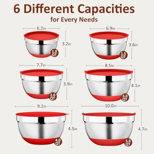 9 Pack Mixing Bowls with Airtight Lids & Grater Attachments, Red
