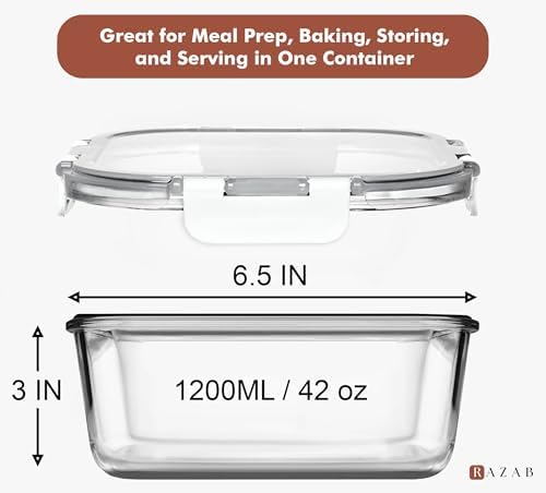 Razab 2 PC 1200ML / 41 Oz Glass Food Storage Containers with Lids - Airtight & Leakproof - Microwave/Oven/Freezer Safe - BPA Free - Ideal for Meal Prep, Storing Leftover & Lunch