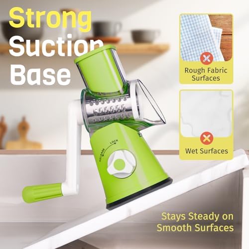 Rotary Cheese Grater Hand Crank, 3 Blades Slicer Shredder, Cheese Grater for Kitchen, Multi-Functional Kitchen Tool for Vegetables, Nuts, Chocolate, with Strong Suction Base, Green