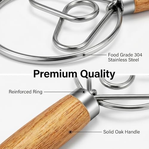 TEEVEA Danish Dough Whisk Wooden Handle Stainless Steel for Sourdough Bread
