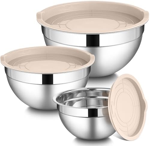 LIANYU Mixing Bowls with Lids Set, 3 Packs Stainless Steel Metal Bowls
