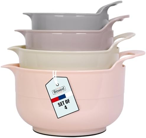 BoxedHome Nesting Plastic Mixing Bowl Set with Pour Spouts and Handles - Non Slip Bottom, BPA free Microwave & Dishwasher Safe(Khaki Pink, 4 Pack)