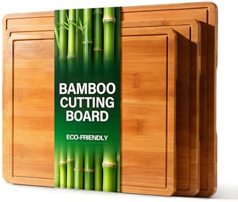 Zarler Bamboo Cutting Boards for Kitchen, 3 Piece Durable Wood Cutting Board with Juice Grooves and Handles, Wooden Chopping Board Set for Meal Prep, 500℉ Carbonized Bamboo, Ideal Kitchen Gift