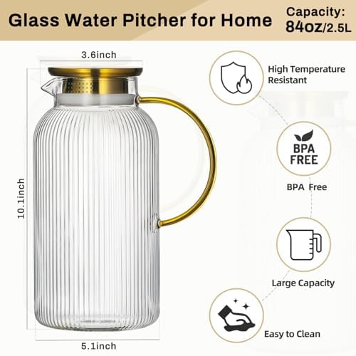 Buaic 2 PACK Glass Pitcher with Lid, 84 oz/ 2.5 Liter Glass Water Carafe