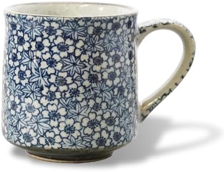 Nostalgic Mino Ware Ceramic Sometsuke Small Mug Cup - Japanese Crafted, Floral Pattern, Comfort Grip Handle, For Coffee and Green Tea or Soup, Matcha Tea, Gift Box Included (Kyokomon)