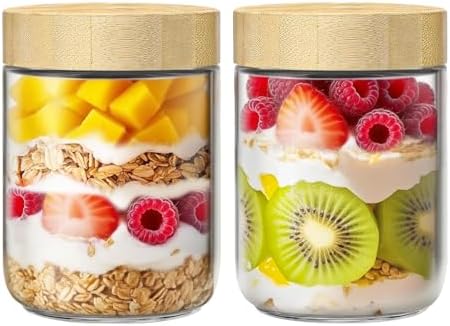2 Pack 16oz Glass Jars with Bamboo Lids, Overnight Oats Containers with Airtight Lids, Storage Containers Wide Mouth Mason jars for Salad,Yogurt, Sugar, Snacks, Spices