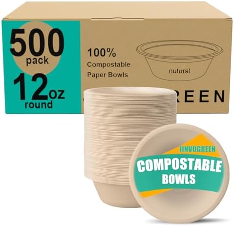 JINVOGREEN 500 Count 12 oz Paper Bowls, Disposable Compostable Bowls Bulk, Heavy Duty Biodegradable Bagasse Bowl for Snacks, Soup, and Salads, Natural