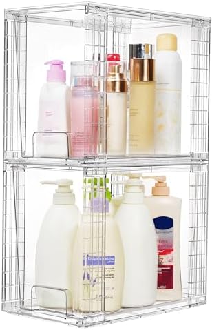 Vtopmart 2 Pack Clear Stackable Storage Drawers,9.7" High Plastic Organizers Bins for Skincare, Bathroom Supplies,Ideal for Cabinet,Undersink,Vanity,Kitchen,Pantry Organization