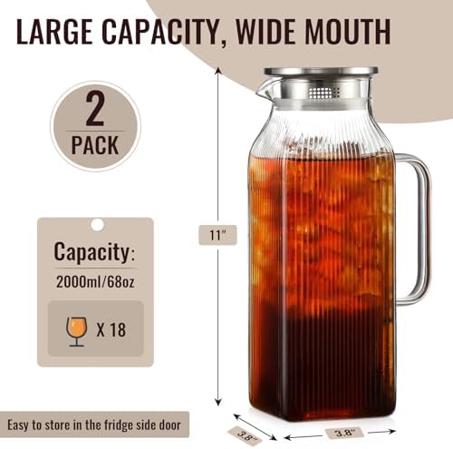 2 Pack 2 Liter/68 oz Square Glass Pitcher with Lid, Classic Stripes Water Pitchers with Handle for Fridge, Large Jug for Iced Tea, Borosilicate Glass Carafe for Hot/Cold Brew Drink, Silver