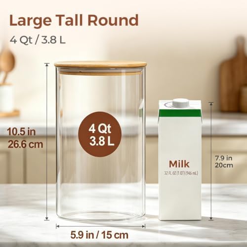 ComSaf Flour Sugar Storage Containers 4 Qt, 2 Pack Glass Flour Container