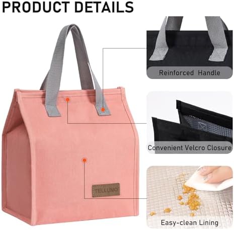 TELLUMO Insulated Lunch Bag for Men Women, Large Reusable Leakproof Lunch Box Container, Small Portable Thermal Snack Bag, Reusable Travel Office Work Beach Cooler Tote Bag for Adults, Pink