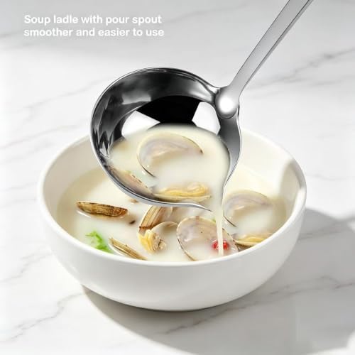 Soup Ladle 304 Stainless Steel Heavy Duty Ladle with Pour Spout Gravy Ladle for Serving, Cooking, Soups, Sauces, Stews and More, 11.8 inch
