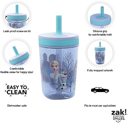 Zak Designs Disney Frozen II Movie Kelso Tumbler Set, Leak-Proof Screw-On Lid with Straw, Made of Durable Plastic and Silicone, Perfect Bundle for Kids (Frozen 2 Olaf, 15 oz, 2pc Set) (Pack of 12)