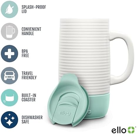 Ello Jane 18oz Ceramic Travel Mug with Handle, Splash-Resistant Slider Lid and Built-in Coaster, Perfect for Coffee and Tea, BPA Free, Dishwasher Safe, Holiday Gift Her Him, Yucca