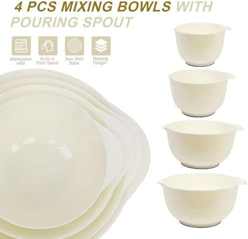 BoxedHome 4.5 Quart Large Plastic Mixing Bowls set with Pour Spout, Beige