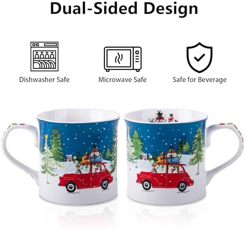12 oz Christmas Car Coffee Mug, Festive New Bone China Mug with A Red Beetle in Snowy Winter Scene, Holiday Gift for Car Lovers, Kids & Family, Designed in England by Harvest Green Studio