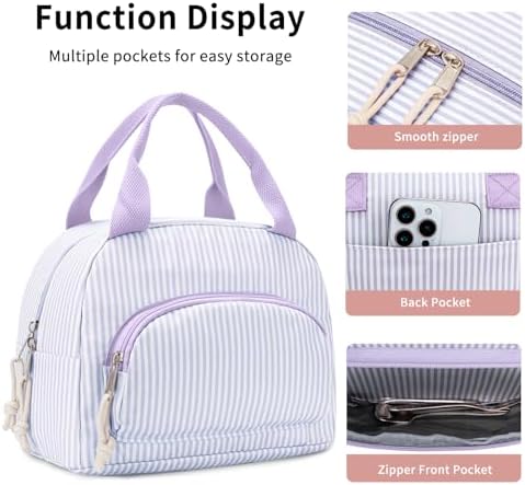 Lunch Bag Women Lunch Box for Women Adult Cute Insulated Lunch Bag Small Cooler Lunch Tote Bags for Work Picnic Travel (Purple Stripes)
