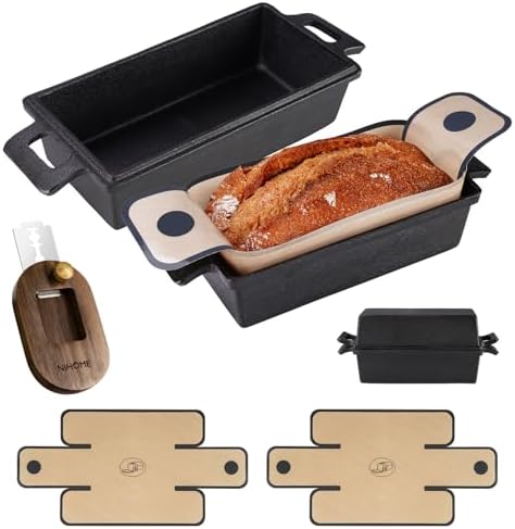 NiHome Cast Iron Bread Pan Set with Lid, 2 Loaf Pans + 2 Silicone Mats + Bread Lame, Heavy-Duty Cast Iron for Even Heat & Crisp Crust, Dual-Pan Design for Covered or Open Baking, Dishwasher-Safe Mats