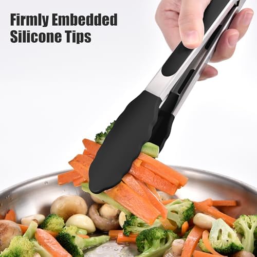 Doosu Kitchen Tongs with Silicone Tips for Cooking Serving (9+12in, Black)