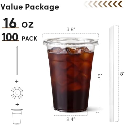 AOZITA 300 Pack - 16 oz Clear Plastic Cups with Lids and Straws, Food Safe Disposable Iced Coffee Cups for Cold Beverages, Smoothies, Iced Coffee, Leak-Proof, BPA-Free