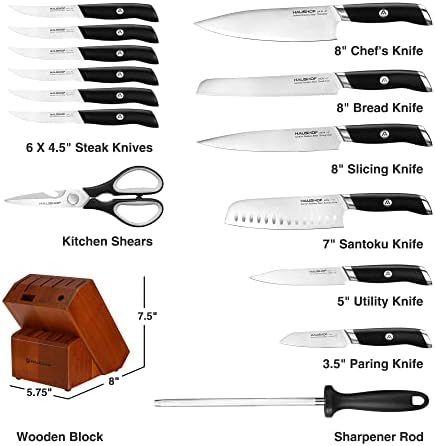 HAUSHOF 15-Piece Kitchen Knife Set with Block, 6 Knives & 6 Steak Knives