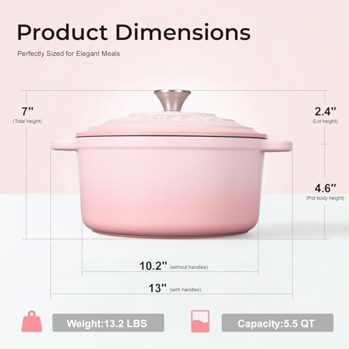 Parmedu 5.5QT Enameled Cast Iron Dutch Oven for Sourdough Bread Pink