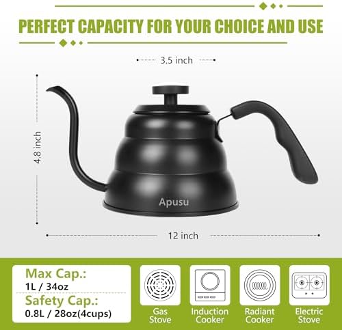 Tea Kettle For Stovetop,Pour Over Tea Coffee Kettle,Thermometer,Black,28oz