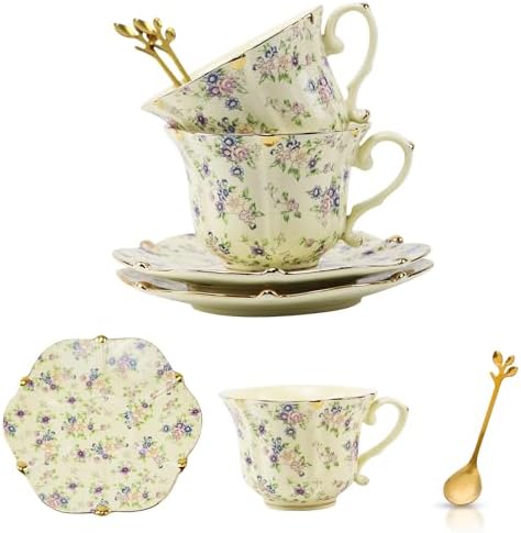 TATSUMI Country Roses Bone China Tea Cup and Saucer Set, 6 Pieces, Vintage Style, For Women and Tea Parties（Yellow,2 Sets）