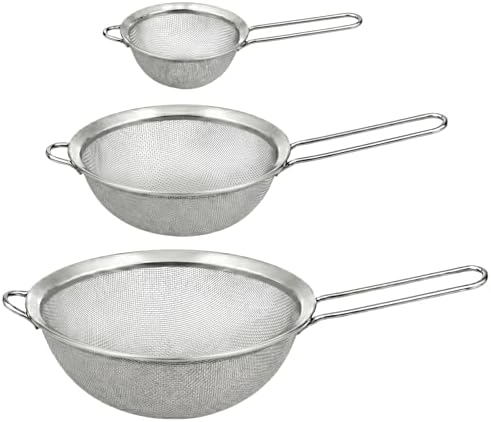 HiramWare Fine Mesh Strainer Set of 3, Premium Stainless Steel Colander with Handle, Large, Medium, Small Sieve for Tea, Pasta, Rice, Fruits, Berries, Flour, Veggies, Metal Sifter for Kitchen