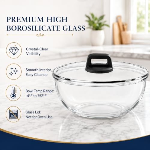 Large Glass Bowl for Sourdough Bread Making 6 QT Glass Mixing Bowl with Lid and Solid Black Bakelite Handle Clear Sourdough Bread Proofing Bowl with Cover Ideal for Baking Meal