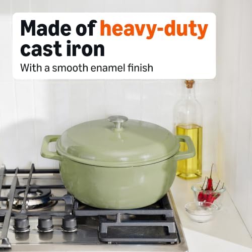 Amazon Basics Cast Iron Dutch Oven Pot with Lid, Enameled, Dual Handles, Round, Heavy-Duty, Medium, 6-Quart, Olive