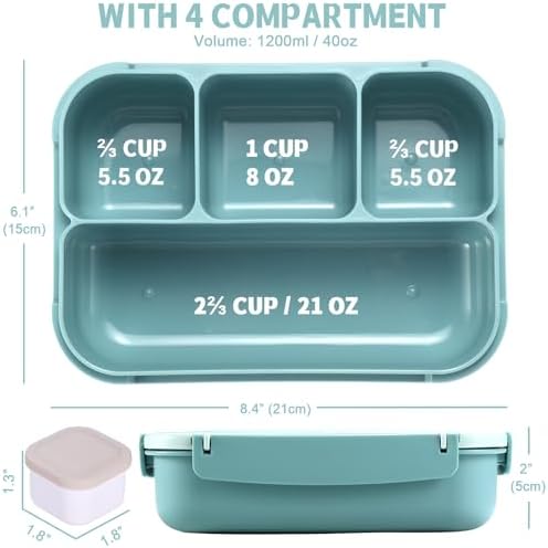 shell and turtle Bento Box Adult Lunch Box, Lunch Containers for Kids Girls Boys with 4 Compartments, Lunchable Food Container with Utensils, Sauce Jar, Muffin Liners, 40 Oz/5 Cup, Light Teal
