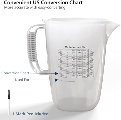 1 Gallon Measuring Pitcher-Convenient Conversion Chart,134oz Extra Large Plastic Measuring Cup-Strong Food Grade Material,Graduated Mixing Pitcher Great for Lawn,Pool Chemicals, Motor Oil and Fluids