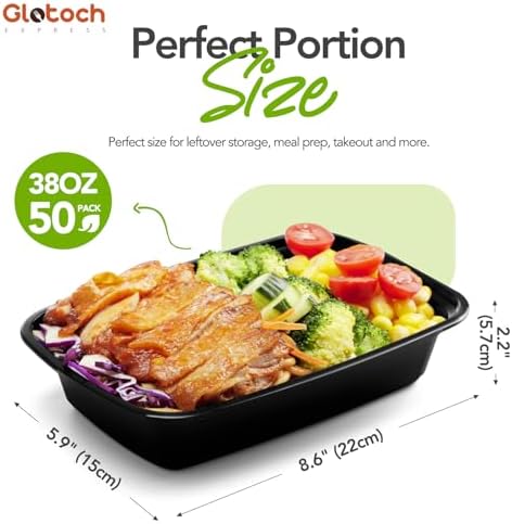 Meal Prep Containers 38oz-50 Pack (100-Piece) Reusable Large Food Storage Containers with Lids Microwave, Freezer, Dishwasher Safe - Leakproof & BPA Free Durable Plastic Bento Box for To Go Take Out