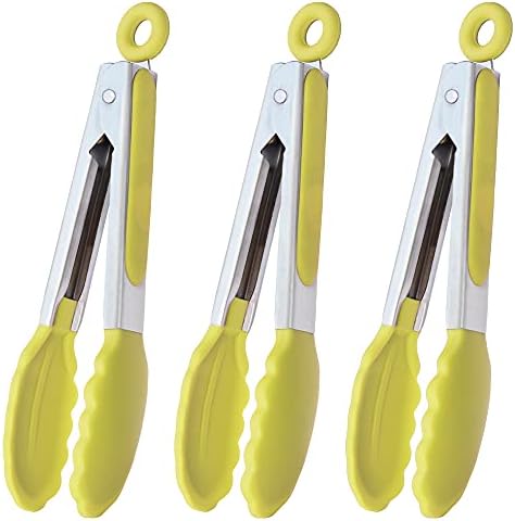 HINMAY Small Appetizer Tongs 7" Silicone Kitchen Tongs, Set of 3 (Yellow)