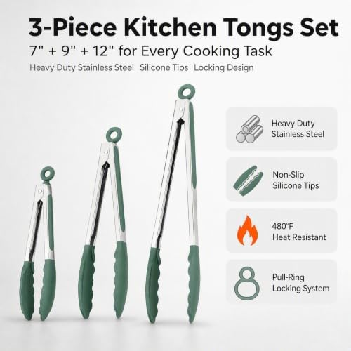 Kitchen Tongs with Silicone Tips, Locking Cooking Tongs, Set of 3