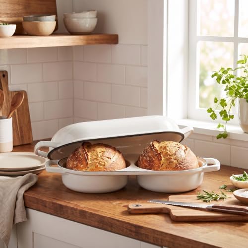 EDGING CASTING Enameled Cast Iron Double Bread Dutch Oven, White