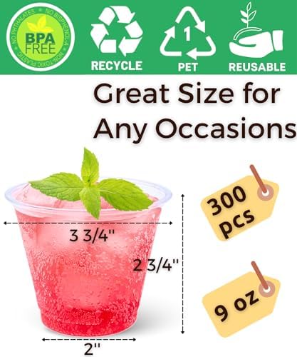 Aatriet 300 Pack 9 oz Clear Plastic Cups, 9oz Clear Disposable Punch Cups Wine Glasses, Sturdy Recylable Small Drinking Cup for Wedding Party, Cocktail Cup, Plastic Tumblers for Cold Drinks