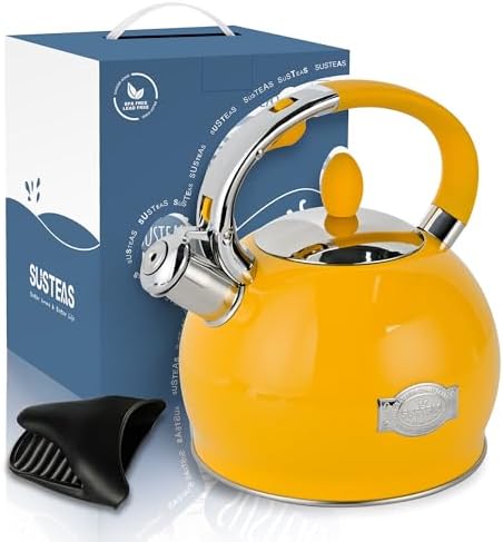 SUSTEAS Whistling Tea Kettle, 2.7QT Food-Grade Steel Teapot, YELLOW