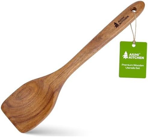 AIUHI Wooden Spatula, Natural Teak Wood Cooking Spatula, Long Handle Non-Stick Safe Wooden Turner, Heat Resistant Kitchen Utensil for Stir Frying Serving Wok Cooking