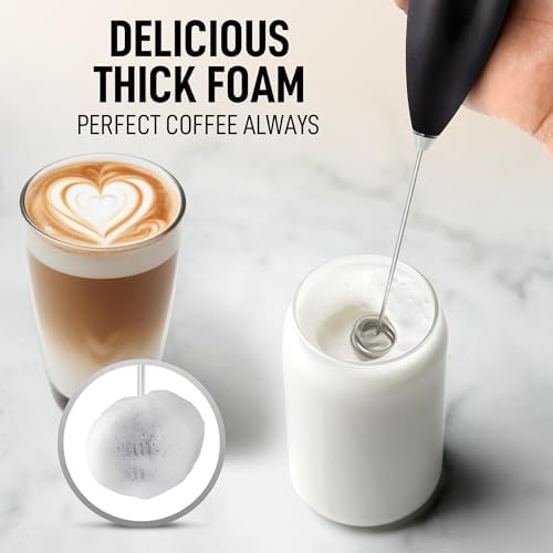 Zulay Kitchen Powerful Milk Frother Wand With Duracell Batteries - Ultra Fast Handheld Drink Mixer - Electric Whisk Foam Maker for Coffee, Lattes, Cappuccino & Matcha - Double Whisk - Metallic Black