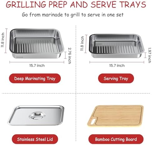 Geesta Grilling Prep and Serve Tays, Stainless Steel Large Capacity Food Prep Tray, Grill Carry System, Marinade Container with Lid and Cutting Board,BBQ Grill Accessories, Grilling Gifts for Men