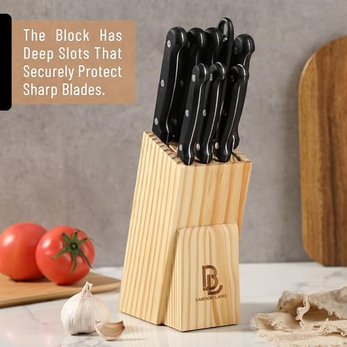 BAMBOO LAND- Kitchen Knife Set, 9 pcs, Stainless Steel Knife Set with Block and Sharpener, Kitchen Knives with Wooden Block