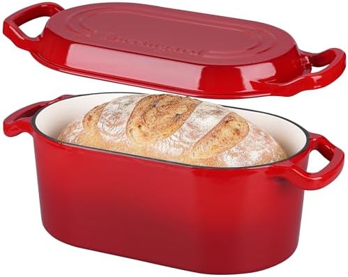 VORRINGARD Oval Dutch Oven Pot with Lid, Enamel Coating Cast Iron Bread Pans for Homemade Sourdough Bread Baking, Cooking, 4 Quart, Red
