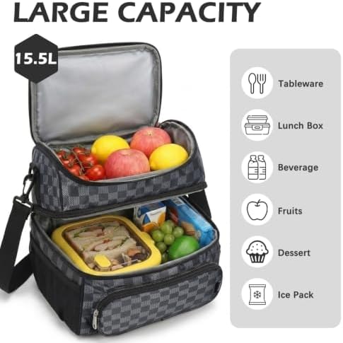 FlowFly Double Layer Cooler Insulated Lunch Bag Adult Lunch Box Large Tote Bag for Men, Women, With Adjustable Strap,Front Pocket and Dual Large Mesh Side Pockets