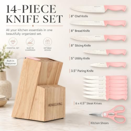 14-Piece Peach Pink Knife Block Set with Built-In Sharpener